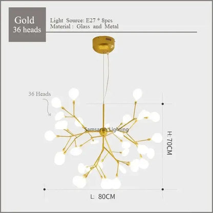 Gold nordic firefly led chandelier with 36 glass globe lights and metal frame for dining room decorbites nordic firefly