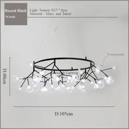 Black circular decorbites nordic firefly led chandelier with 54 glass globes metal frame for dining room lighting