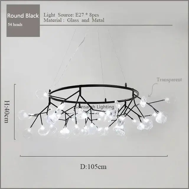 Black circular decorbites nordic firefly led chandelier with 54 glass globes metal frame for dining room lighting