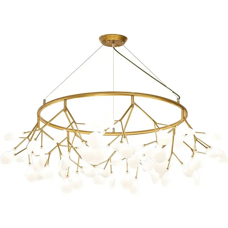 Gold nordic firefly led chandelier with gold-toned circular frame and frosted glass globes for dining room decorbites nordic firefly