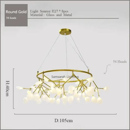 Gold nordic firefly led chandelier with 54 frosted glass globes in a gold-toned branching design for dining room decorbites nordic firefly
