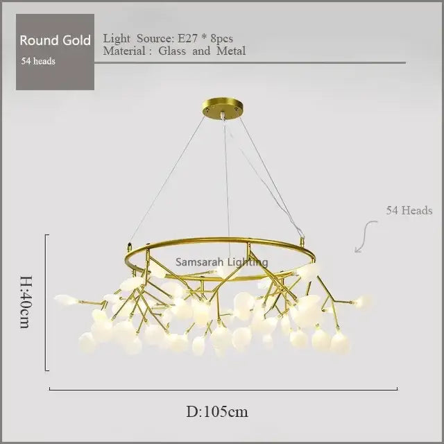 Gold nordic firefly led chandelier with 54 frosted glass globes in a gold-toned branching design for dining room decorbites nordic firefly