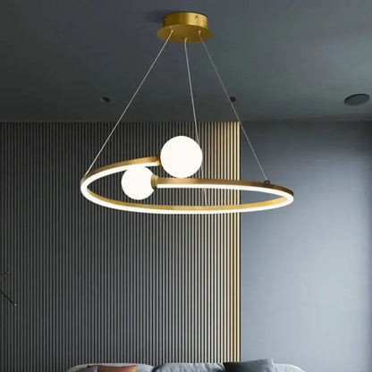 Gold nordic ring led chandelier with gold-toned circular pendant and frosted glass spheres for modern dining room decorbites gold nordic
