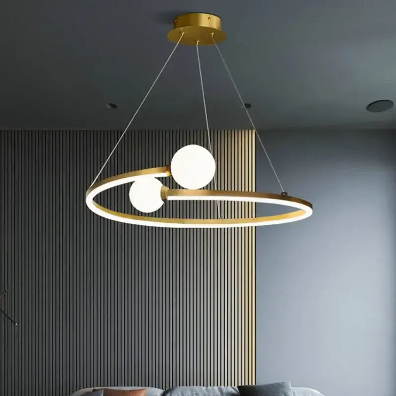 Gold nordic ring led chandelier with gold-toned circular pendant and frosted glass spheres for modern dining room decorbites gold nordic