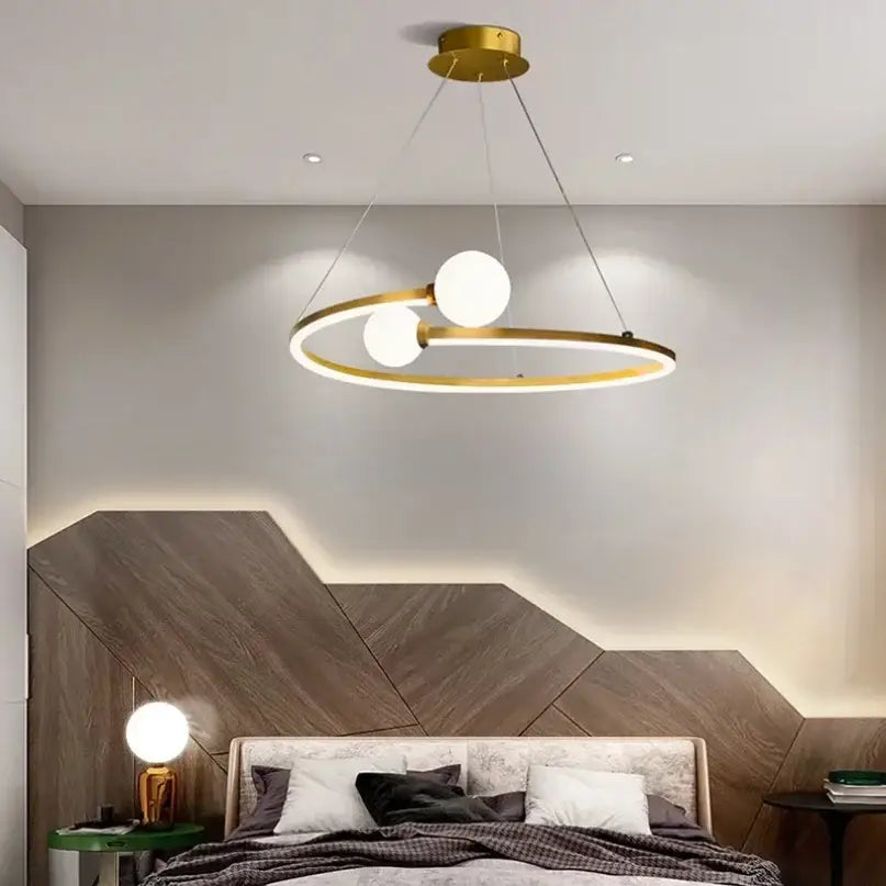 Gold nordic ring led chandelier with gold-toned circular pendant and two white spherical bulbs for modern dining decorbites gold nordic