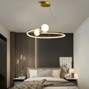 Gold nordic ring led chandelier featuring a gold-toned circular frame with two white glass bulbs for modern dining decorbites gold nordic