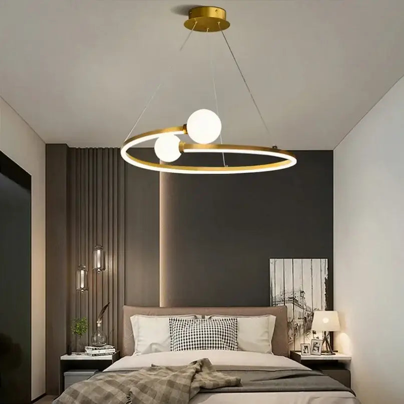 Gold nordic ring led chandelier featuring a gold-toned circular frame with two white glass bulbs for modern dining decorbites gold nordic