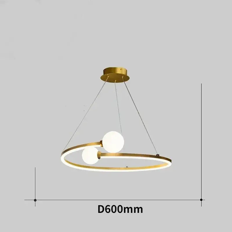 Gold nordic ring led chandelier with gold-toned circular pendant and two white spherical bulbs for modern dining room decorbites gold nordic