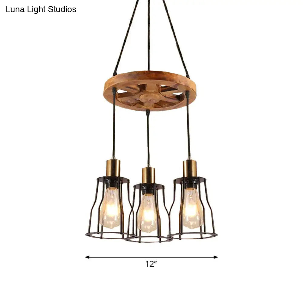 Gold Open Cage Chandelier with Wood Shelf - 3/6-Light Metal Pendant for Dining Room