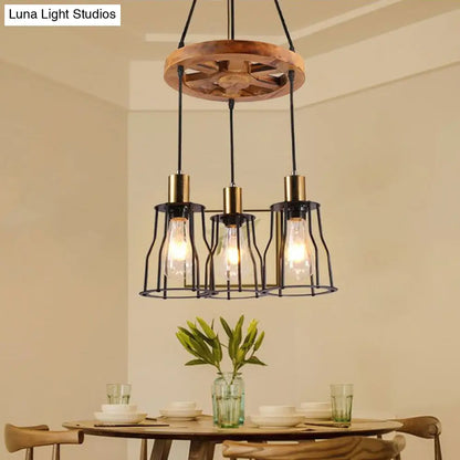 Gold Open Cage Chandelier with Wood Shelf - 3/6-Light Metal Pendant for Dining Room