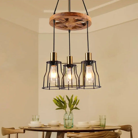 Gold Open Cage Chandelier with Wood Shelf - 3/6-Light Metal Pendant for Dining Room