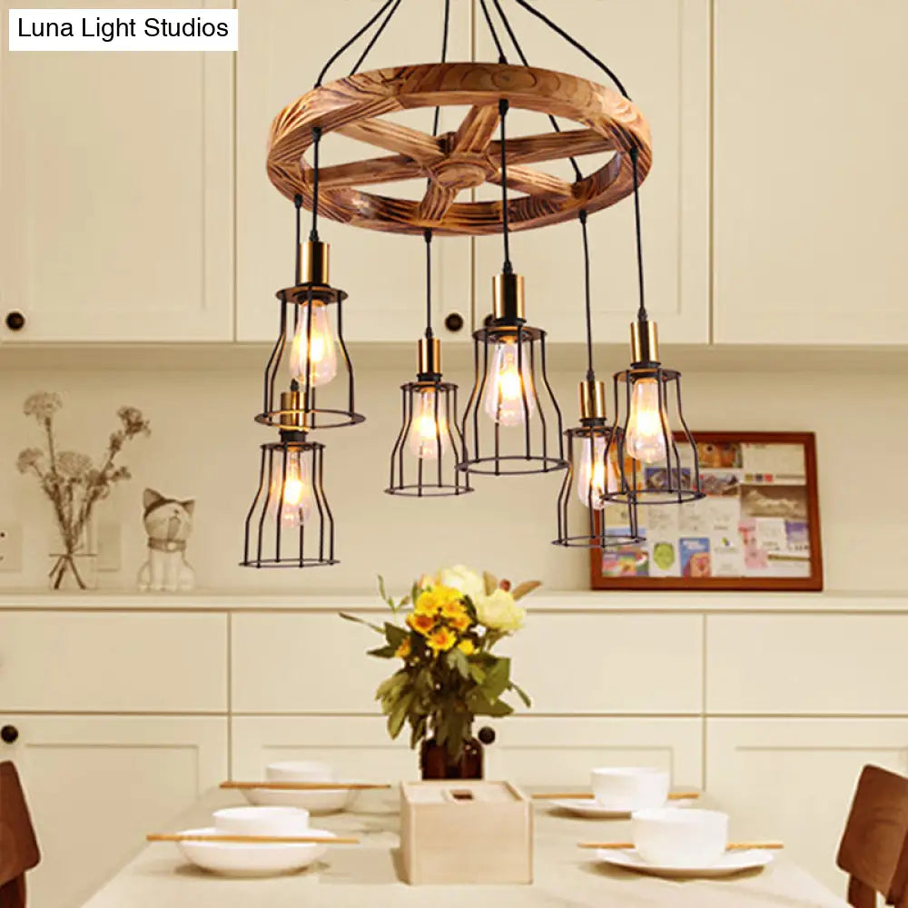 Gold Open Cage Chandelier with Wood Shelf - 3/6-Light Metal Pendant for Dining Room