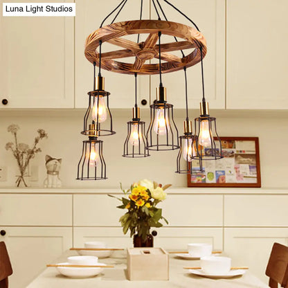 Gold Open Cage Chandelier with Wood Shelf - 3/6-Light Metal Pendant for Dining Room