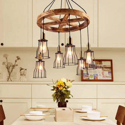 Gold Open Cage Chandelier with Wood Shelf - 3/6-Light Metal Pendant for Dining Room