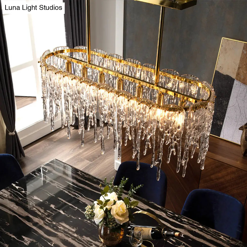 DecorBites™ Gold Oval Island Pendant Lamp: Minimalist Design with Clear Crystal, 7 Bulbs & Melting Ice-inspired