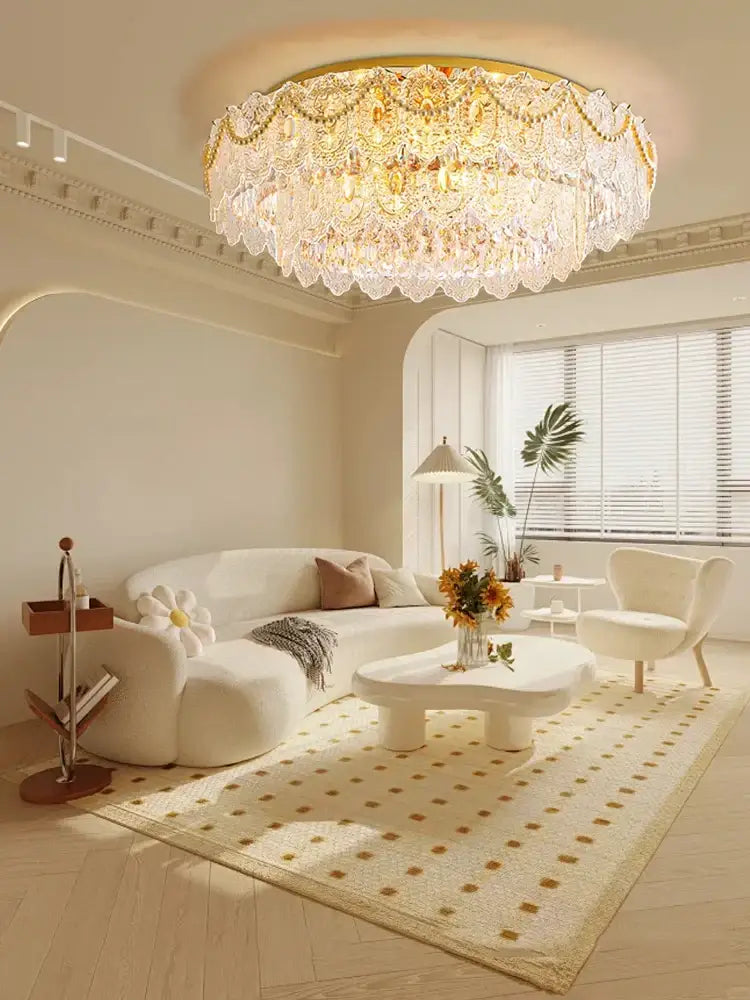 Luxurious gold pearl pendant chandelier with crystal leaf decor and intricate layered design for living room lighting