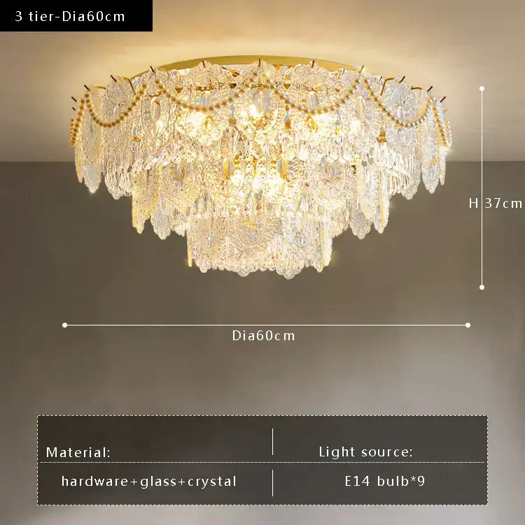 Luxurious three-tier gold pearl pendant chandelier with crystal leaf decor and intricate glass detailing for living rooms