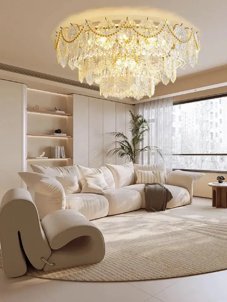 Luxurious gold pearl pendant chandelier with crystal leaves and intricate gold-toned accents for living room decorbites gold pearl