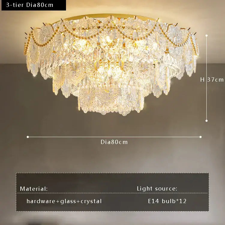Luxurious three-tier gold pearl pendant chandelier with intricate glass and hardware detailing for living room decorbites gold pearl