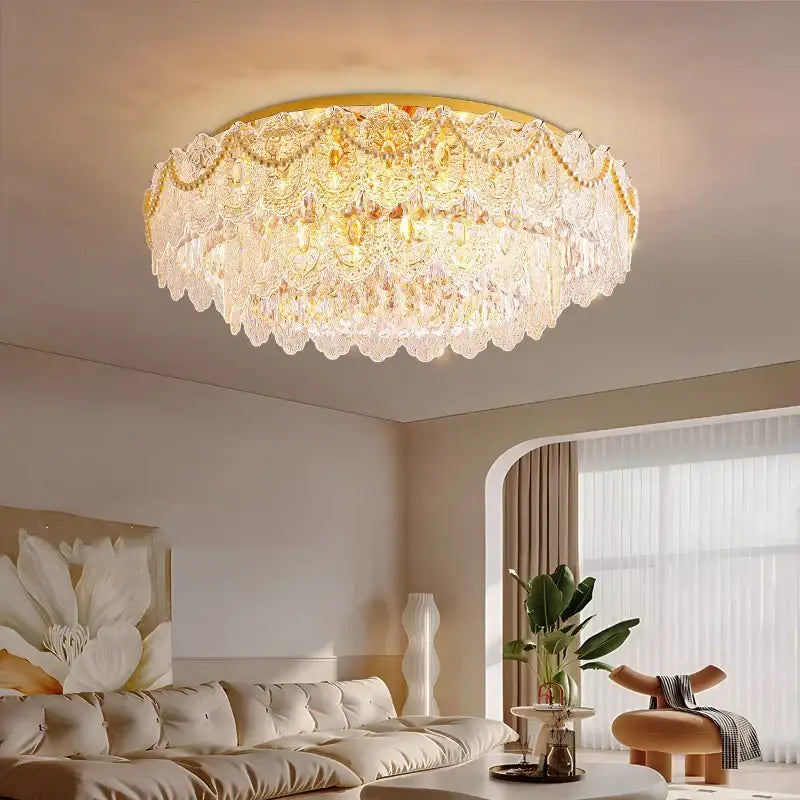 Gold pearl pendant chandelier with gold-toned crystal and lace-like detailing for living room decorbites gold pearl decor