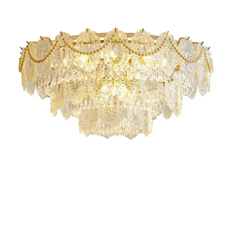 Gold pearl pendant chandelier with gold-toned cascading crystal leaves and beaded accents for living room decorbites gold pearl decor