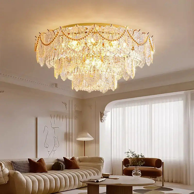 Gold pearl pendant chandelier with gold-toned crystal and faceted glass decorbites gold pearl for living room decor