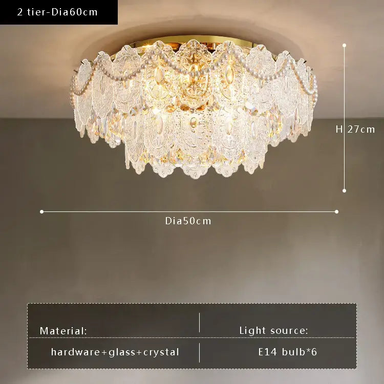 Gold pearl pendant chandelier with two-tier crystal lace detailing and gold-toned hardware for living room decorbites gold pearl decor