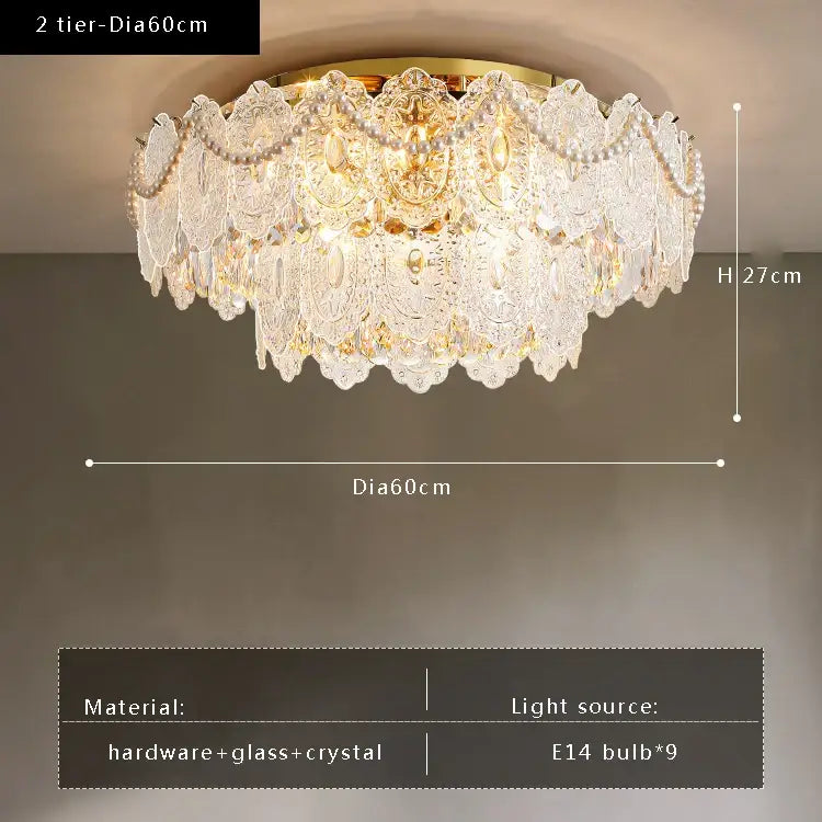 Two-tiered gold pearl pendant chandelier with intricate lace-like glass and pearl accents for living room decorbites decor