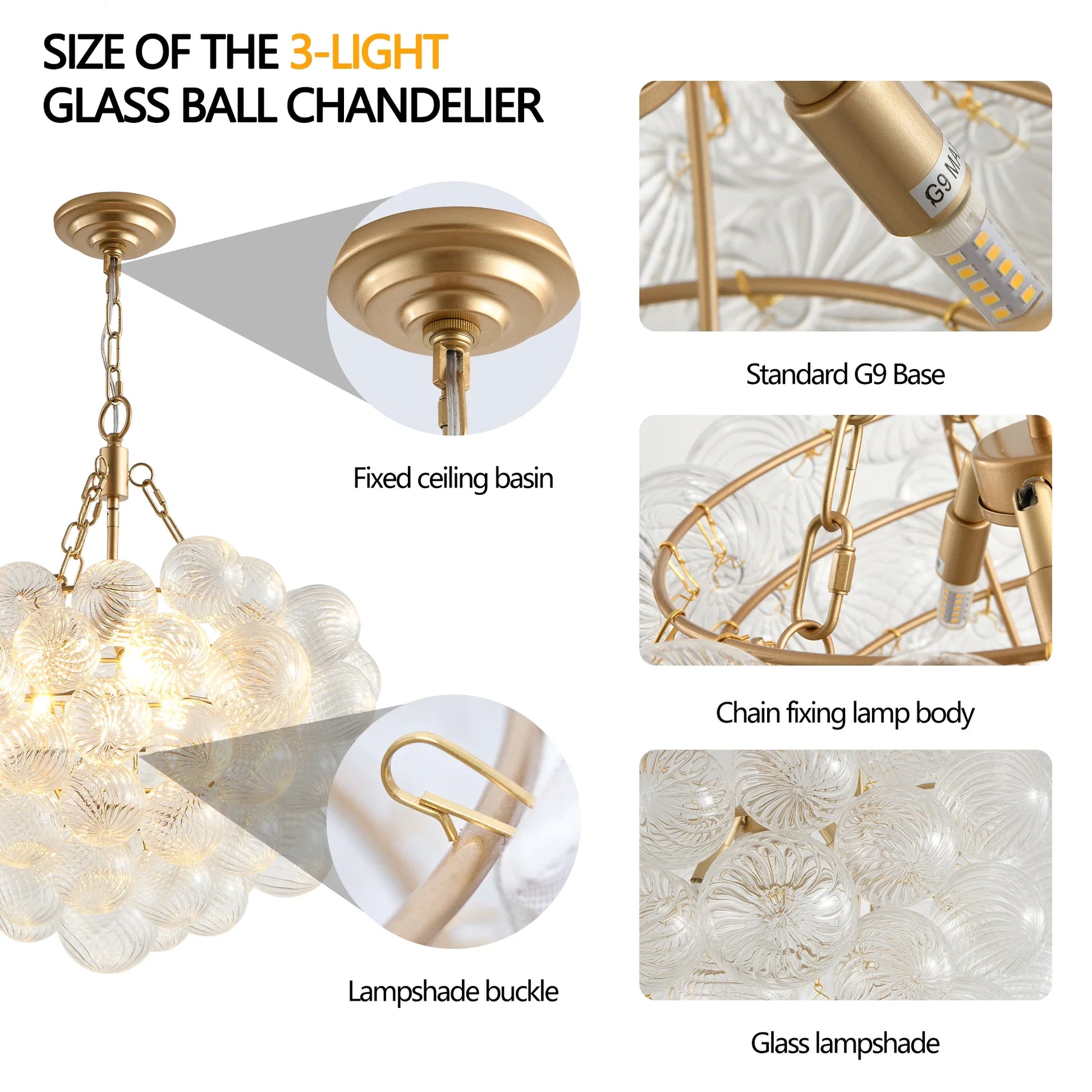 Gold Pendant Chandelier with Adjustable Height - 31-40W / 3 / United States - Chandelier
