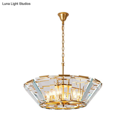 Lámpara de araña colgante dorada con panel de cristal - Diseño posmoderno y delicado, 6 luces - Lámpara de comedor