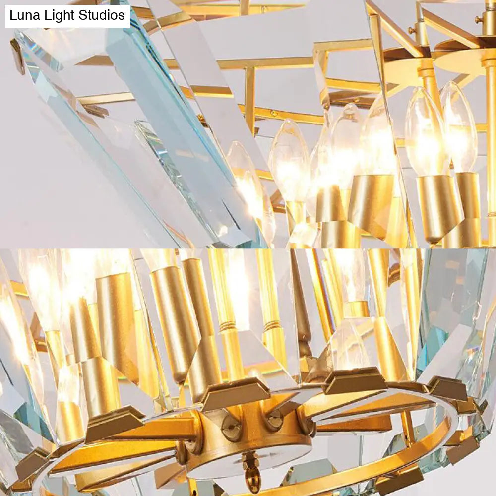 Lámpara de araña colgante dorada con panel de cristal - Diseño posmoderno y delicado, 6 luces - Lámpara de comedor