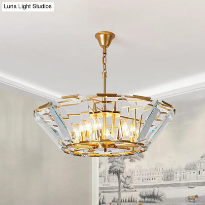 Lámpara de araña colgante dorada con panel de cristal - Diseño posmoderno y delicado, 6 luces - Lámpara de comedor