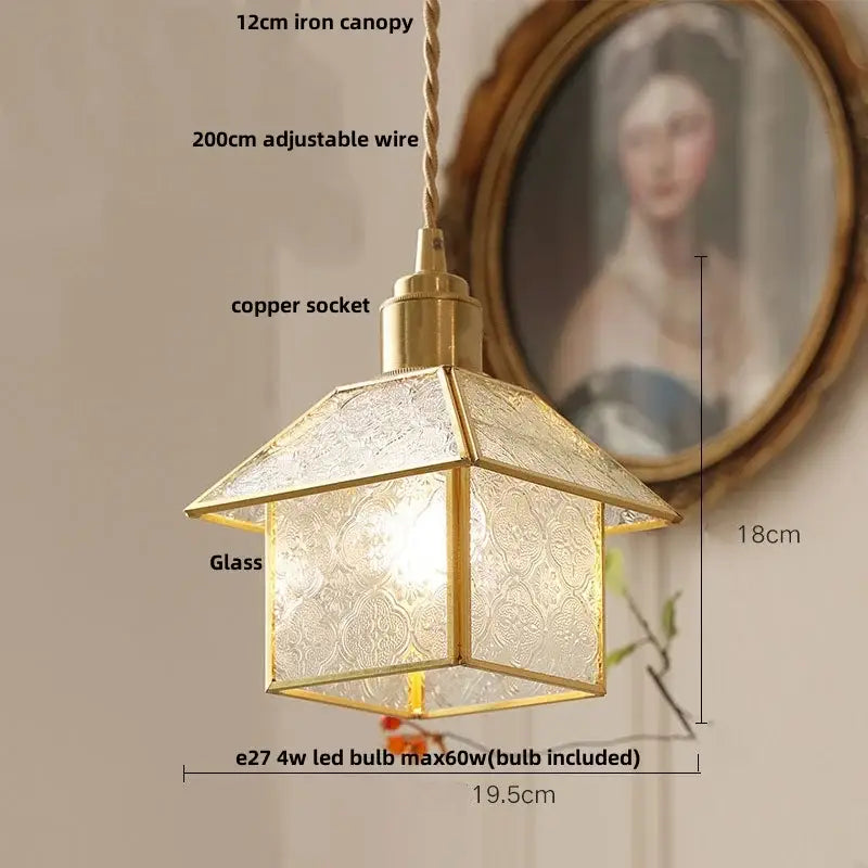 Gold petal glass led pendant lamp with brass frame, hexagonal etched glass panels, and copper socket for kitchen lighting