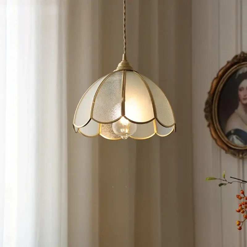 Cream-colored glass led pendant lamp with gold petal-shaped metal frame for kitchen light fixtures