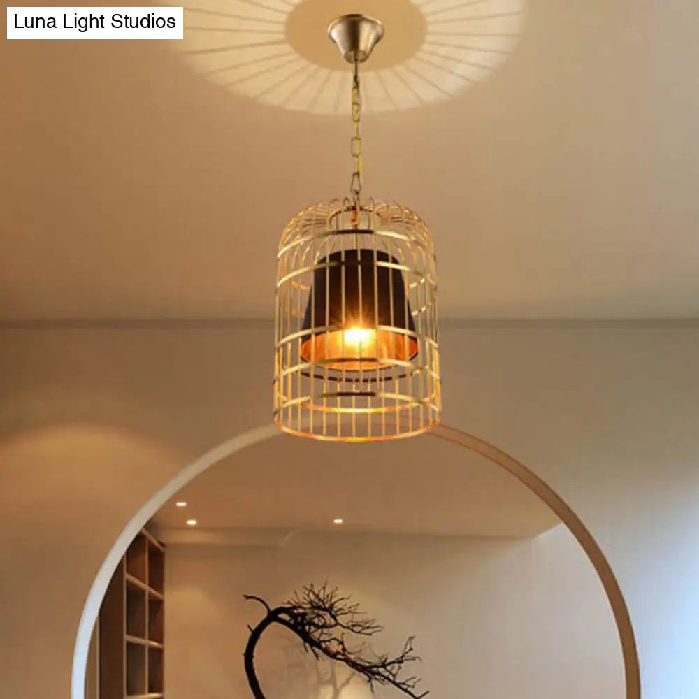 Gold Plated Birdcage Hanging Lamp - Country Metal Ceiling Light with Cone Shade