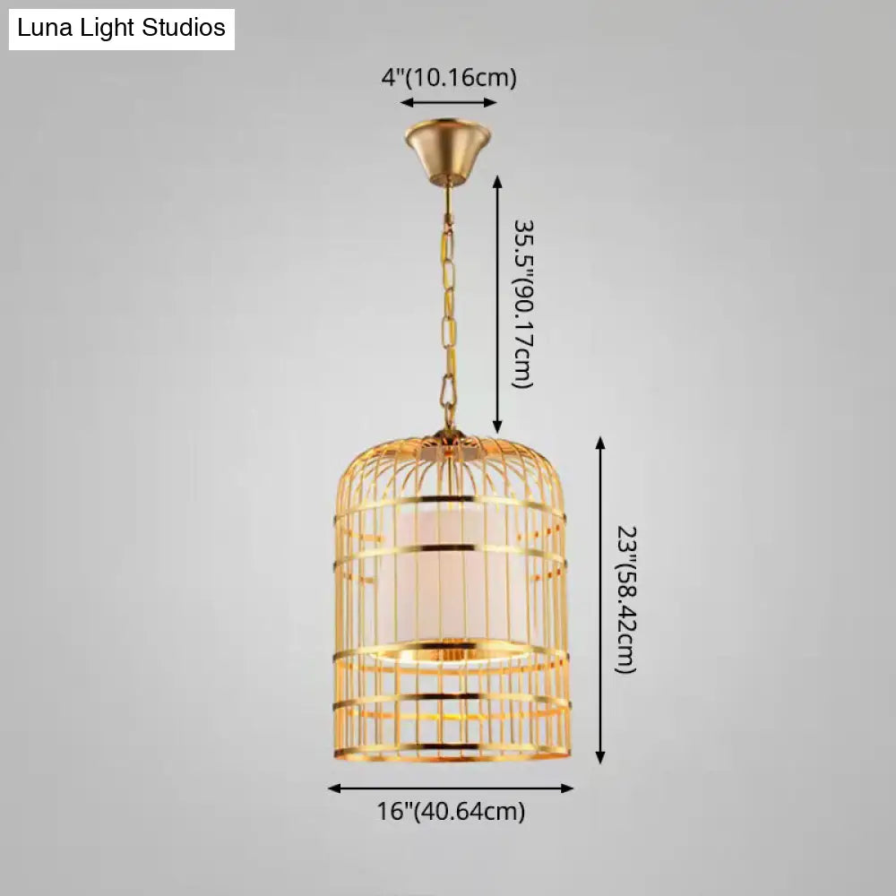 Gold Plated Birdcage Hanging Lamp - Country Metal Ceiling Light with Cone Shade