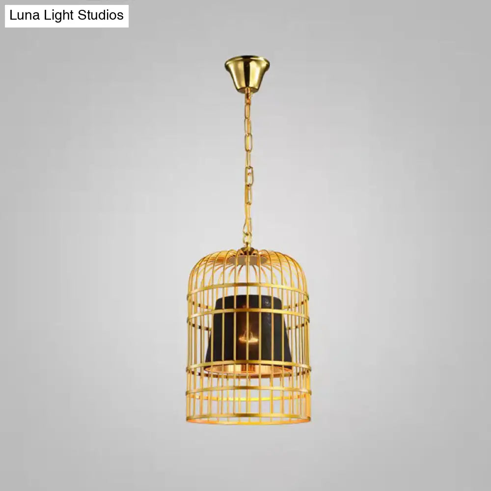 Gold Plated Birdcage Hanging Lamp - Country Metal Ceiling Light with Cone Shade