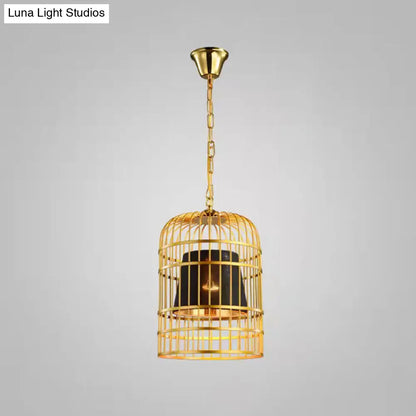 Gold Plated Birdcage Hanging Lamp - Country Metal Ceiling Light with Cone Shade