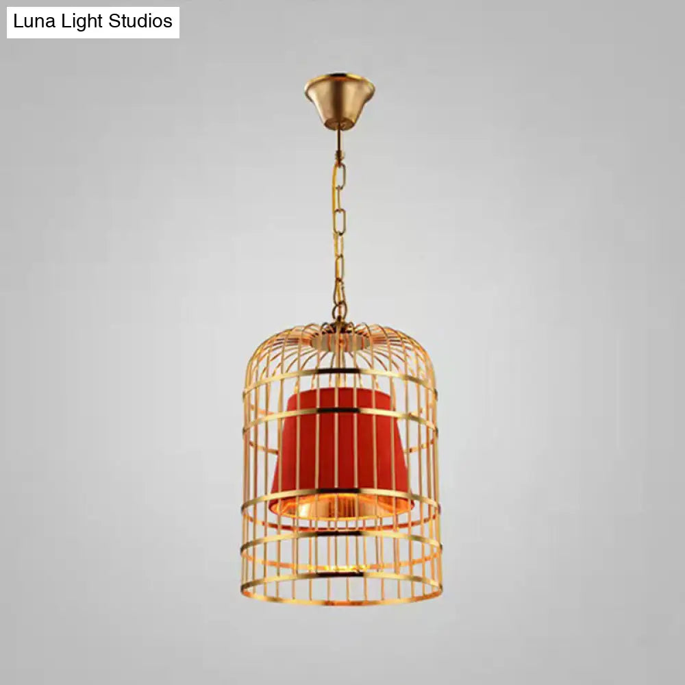 Gold Plated Birdcage Hanging Lamp - Country Metal Ceiling Light with Cone Shade