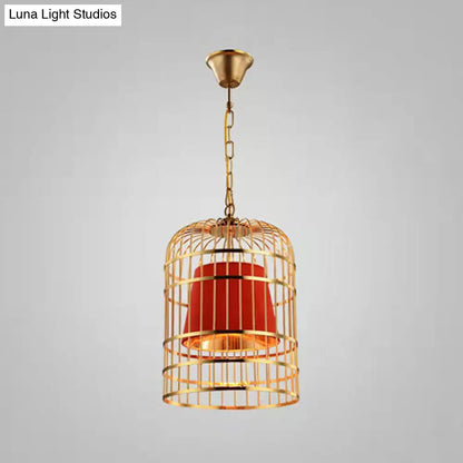 Gold Plated Birdcage Hanging Lamp - Country Metal Ceiling Light with Cone Shade