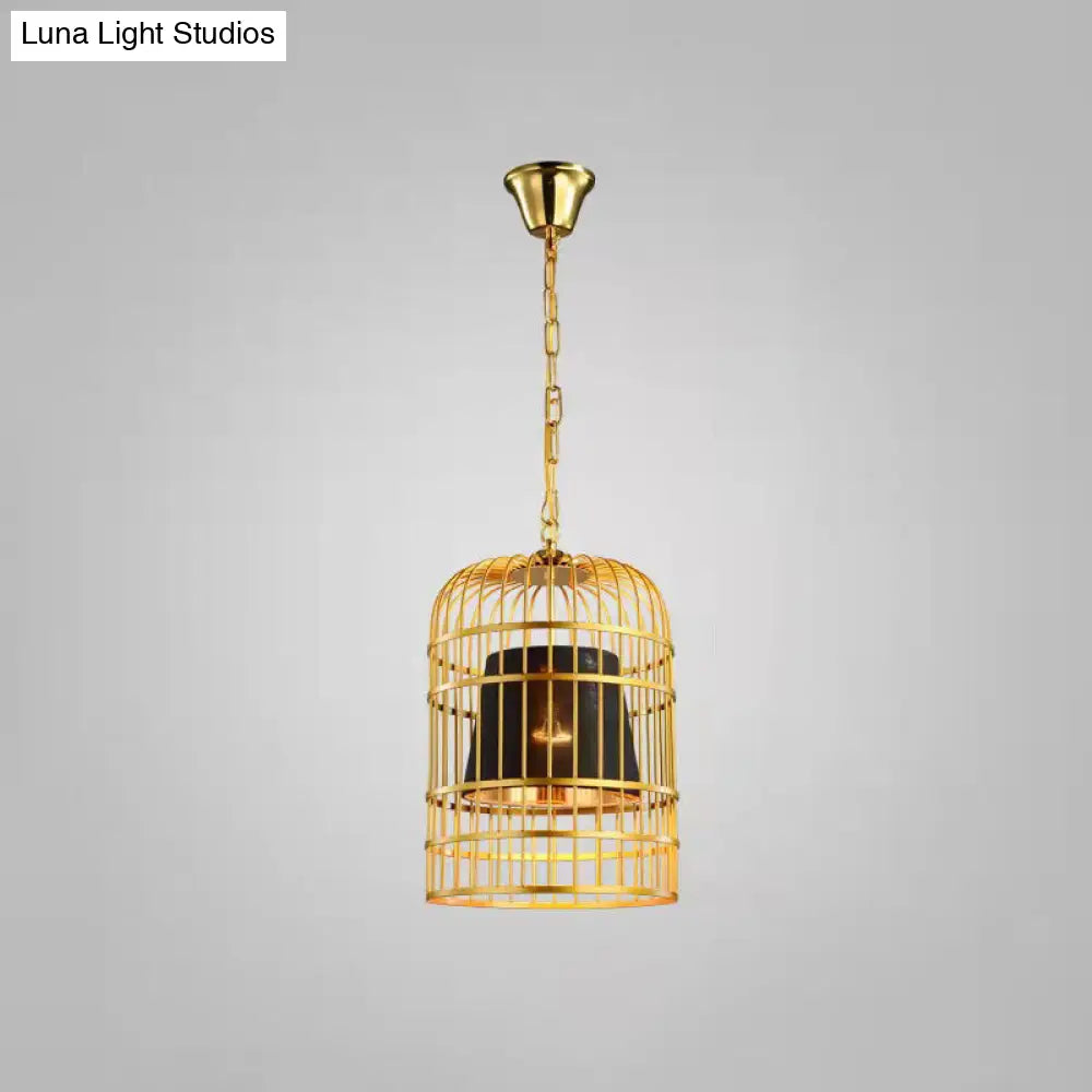 Gold Plated Birdcage Hanging Lamp - Country Metal Ceiling Light with Cone Shade