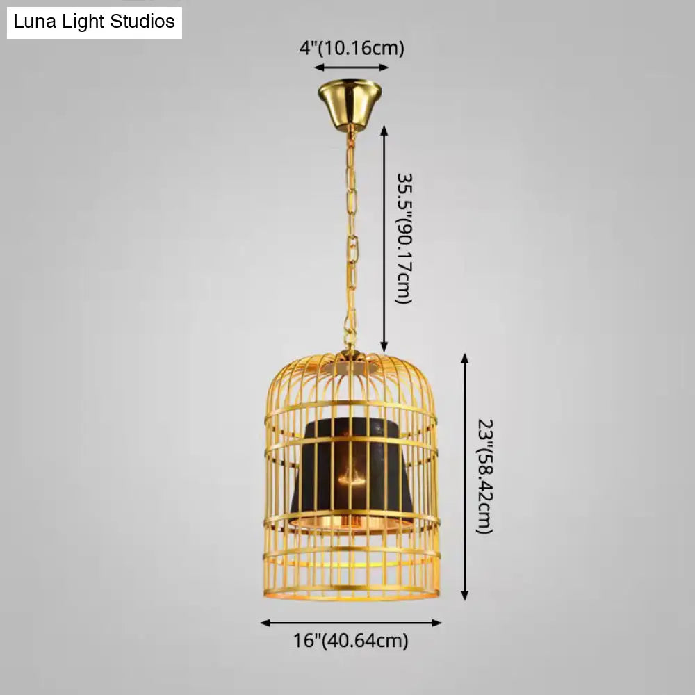 Gold Plated Birdcage Hanging Lamp - Country Metal Ceiling Light with Cone Shade