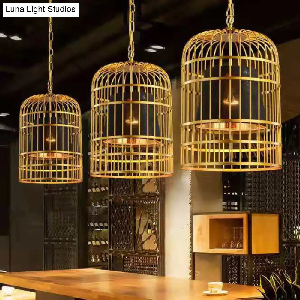 Gold Plated Birdcage Hanging Lamp - Country Metal Ceiling Light with Cone Shade