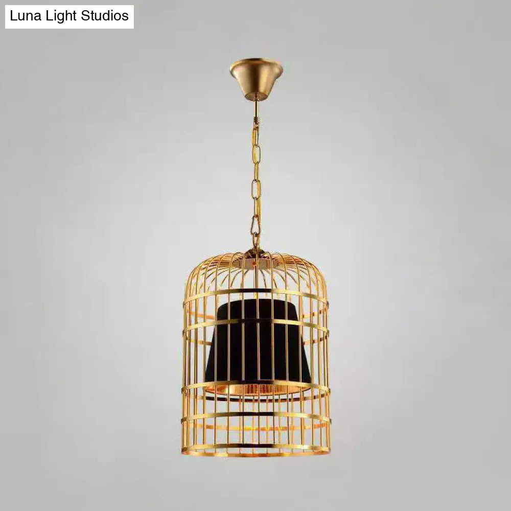 Gold Plated Birdcage Hanging Lamp - Country Metal Ceiling Light with Cone Shade