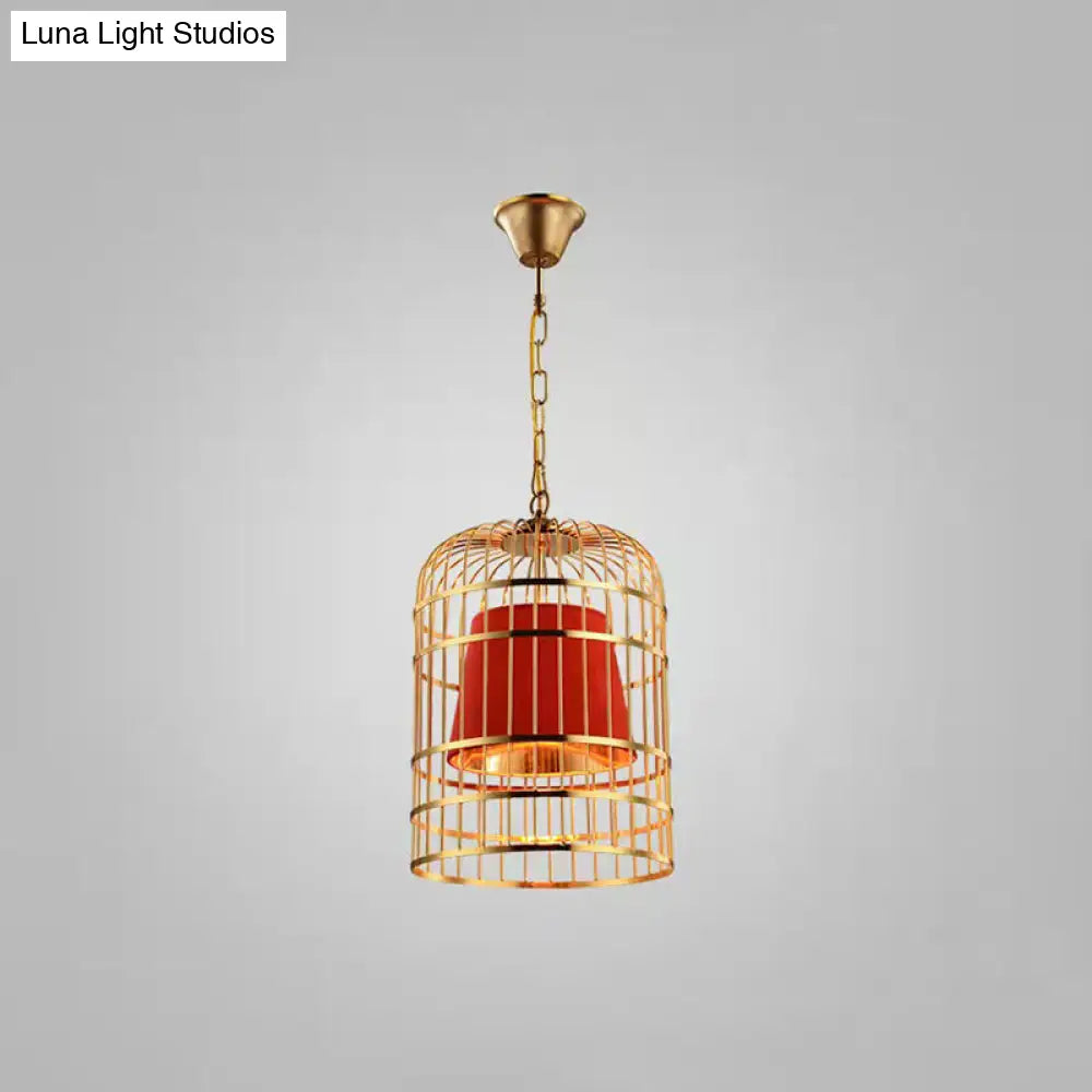 Gold Plated Birdcage Hanging Lamp - Country Metal Ceiling Light with Cone Shade