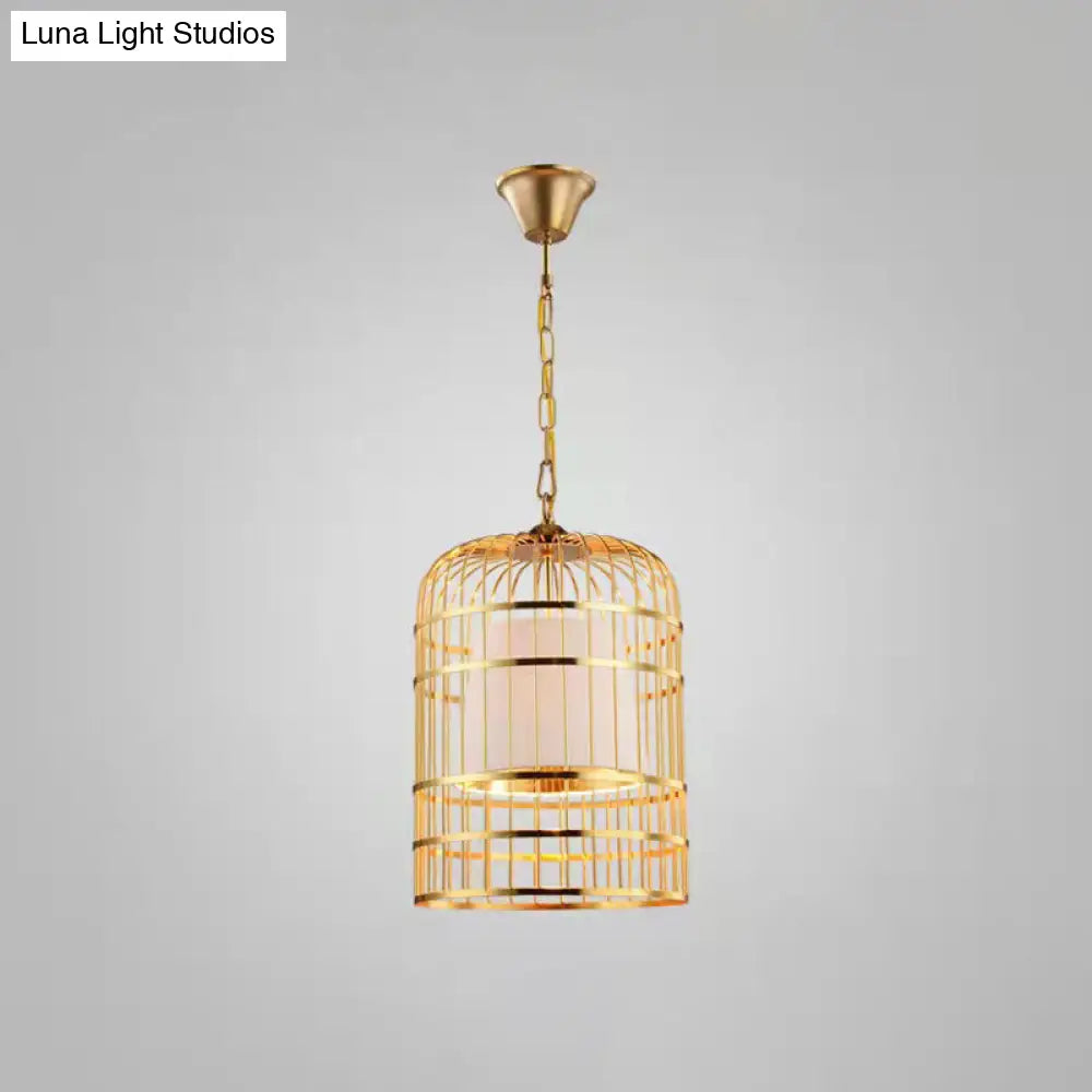 Gold Plated Birdcage Hanging Lamp - Country Metal Ceiling Light with Cone Shade