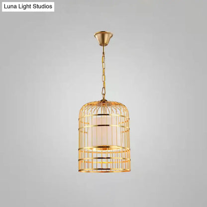 Gold Plated Birdcage Hanging Lamp - Country Metal Ceiling Light with Cone Shade