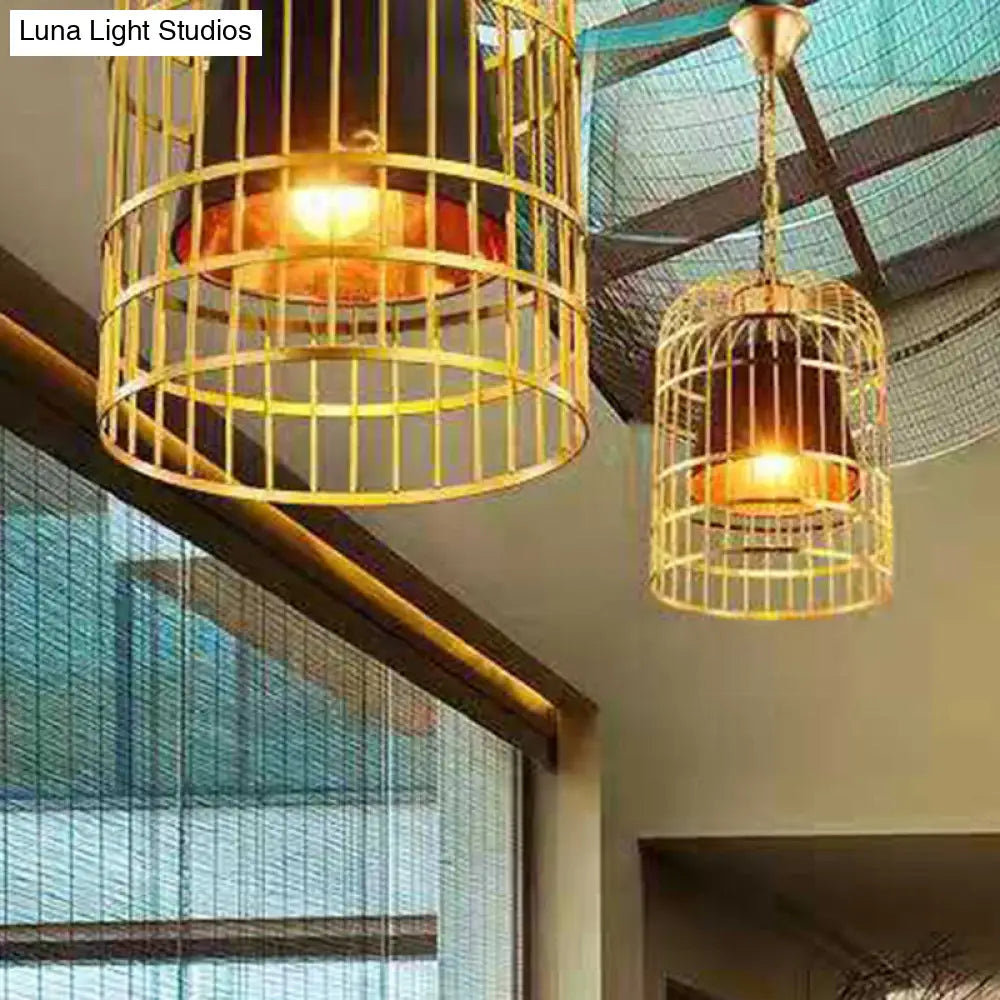 Gold Plated Birdcage Hanging Lamp - Country Metal Ceiling Light with Cone Shade