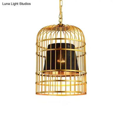 Gold Plated Birdcage Hanging Lamp - Country Metal Ceiling Light with Cone Shade