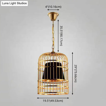 Gold Plated Birdcage Hanging Lamp - Country Metal Ceiling Light with Cone Shade